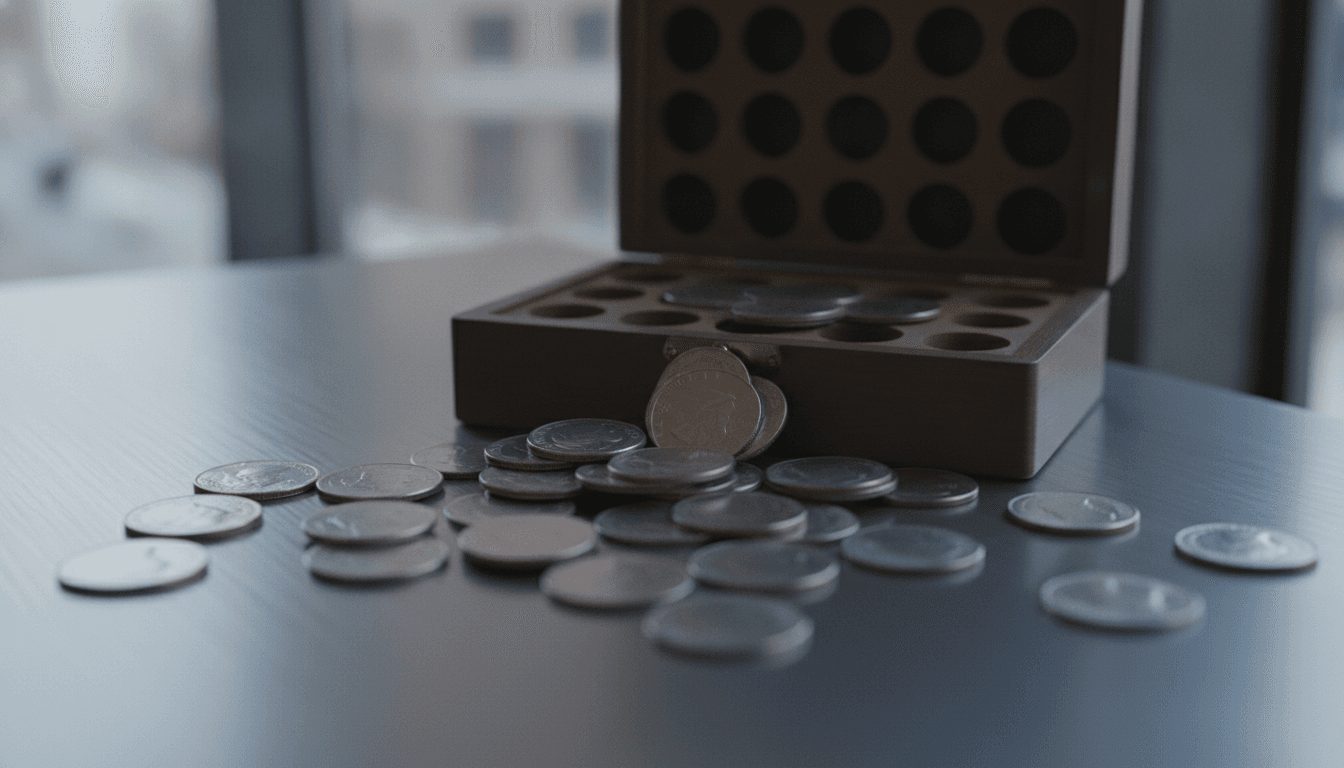 Stacks of coins and a calculator on a laundromat counter representing cash flow