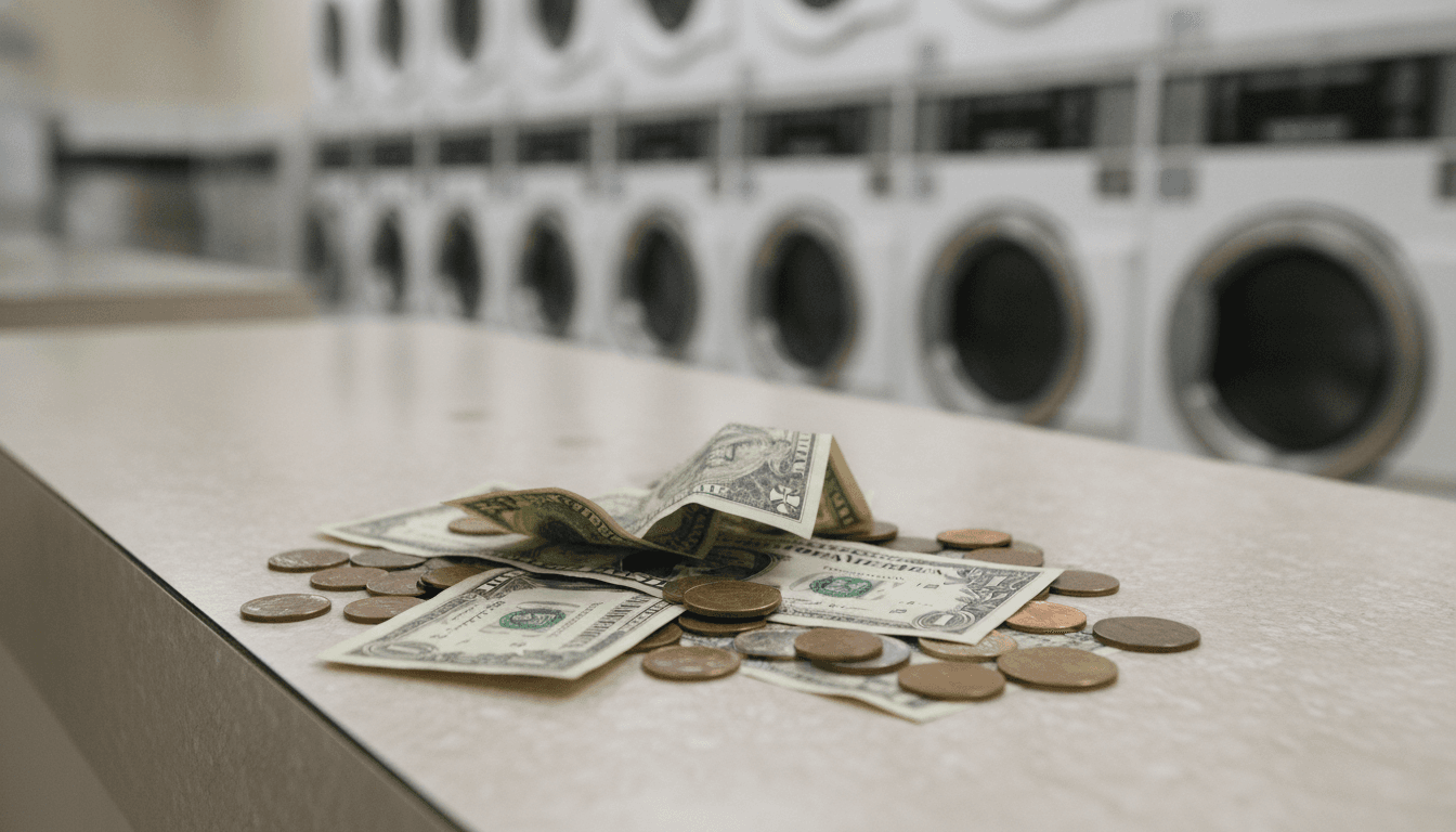 Front-load commercial washers lined up in a laundromat