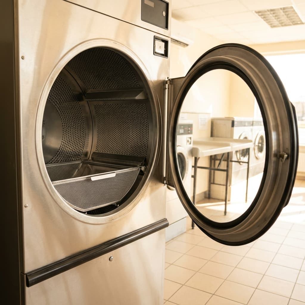 Large commercial dryer drum with the door open