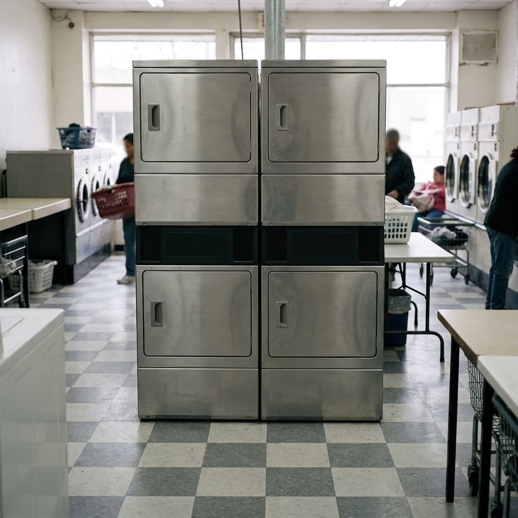Stacked commercial dryers in a laundromat