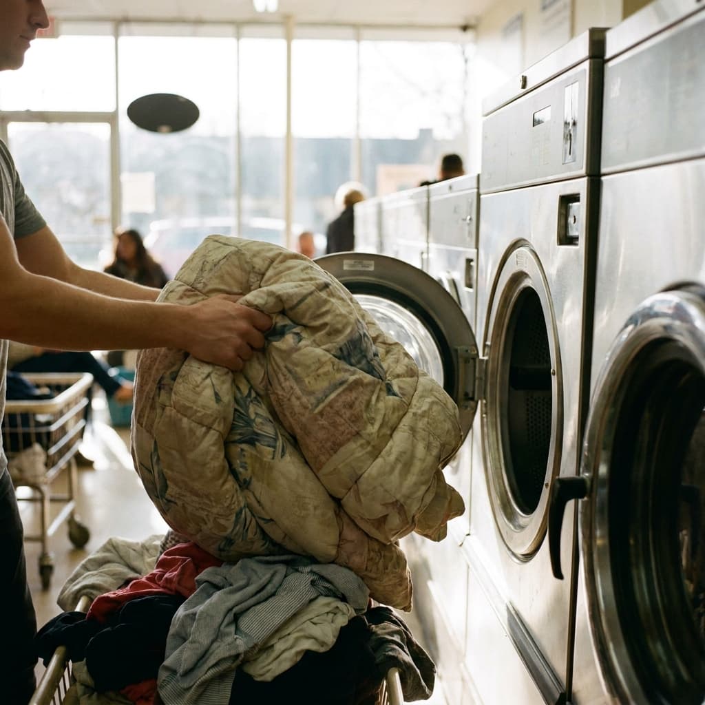 Loading a large comforter into a commercial washer