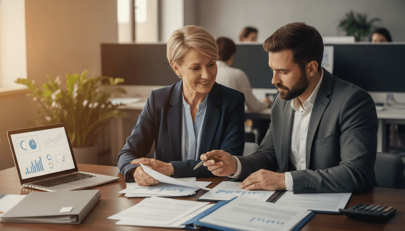 A bank loan officer and a laundromat buyer reviewing financing