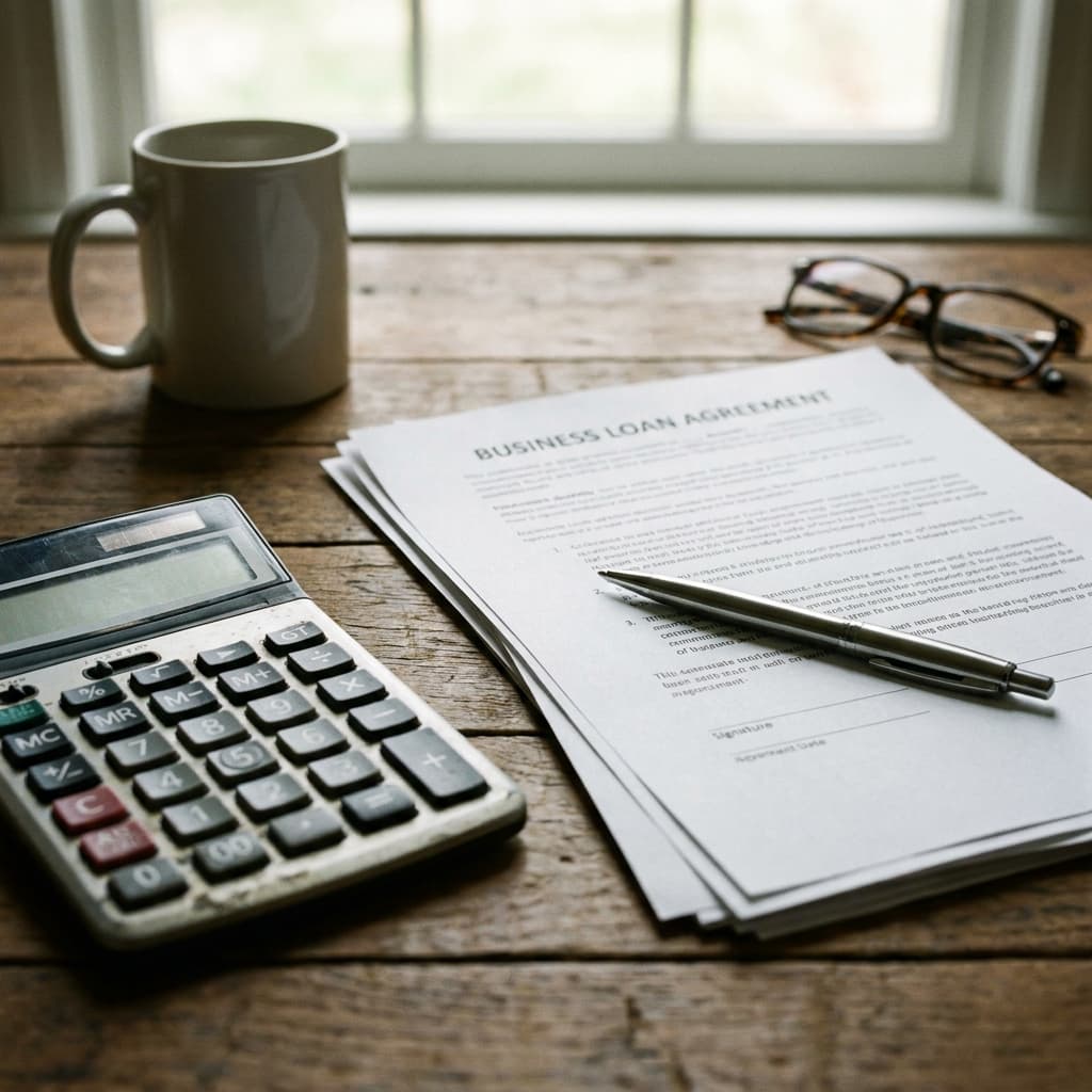Calculator and loan documents on a desk