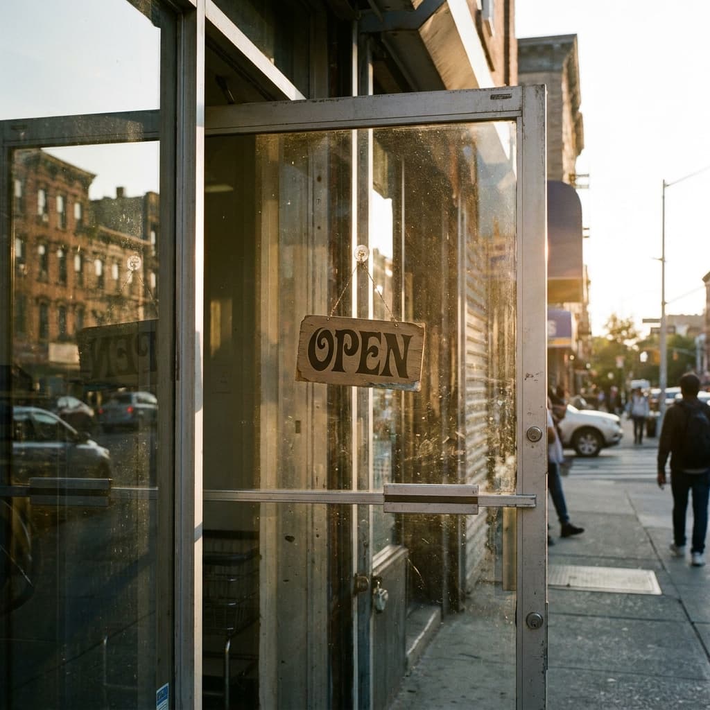 Laundromat storefront door with an open sign