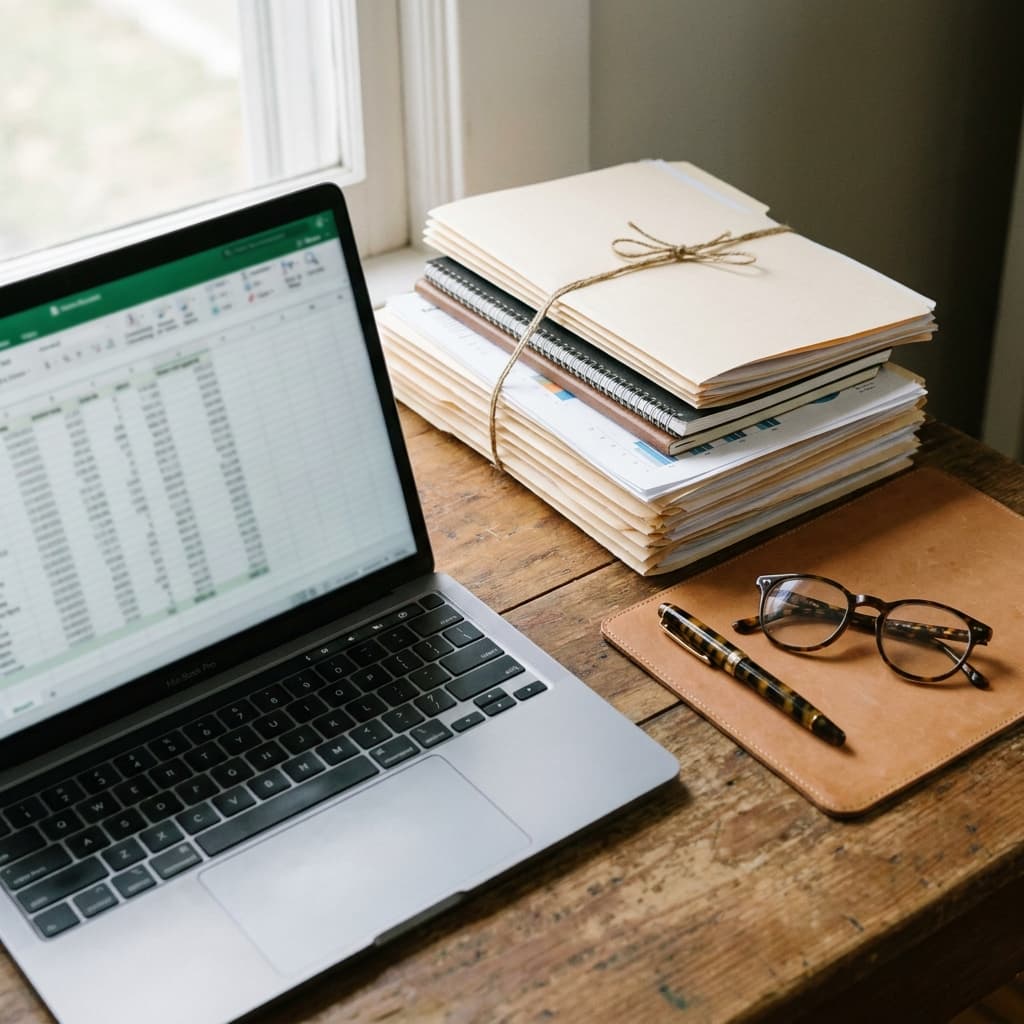 Desk with a laptop and business documents