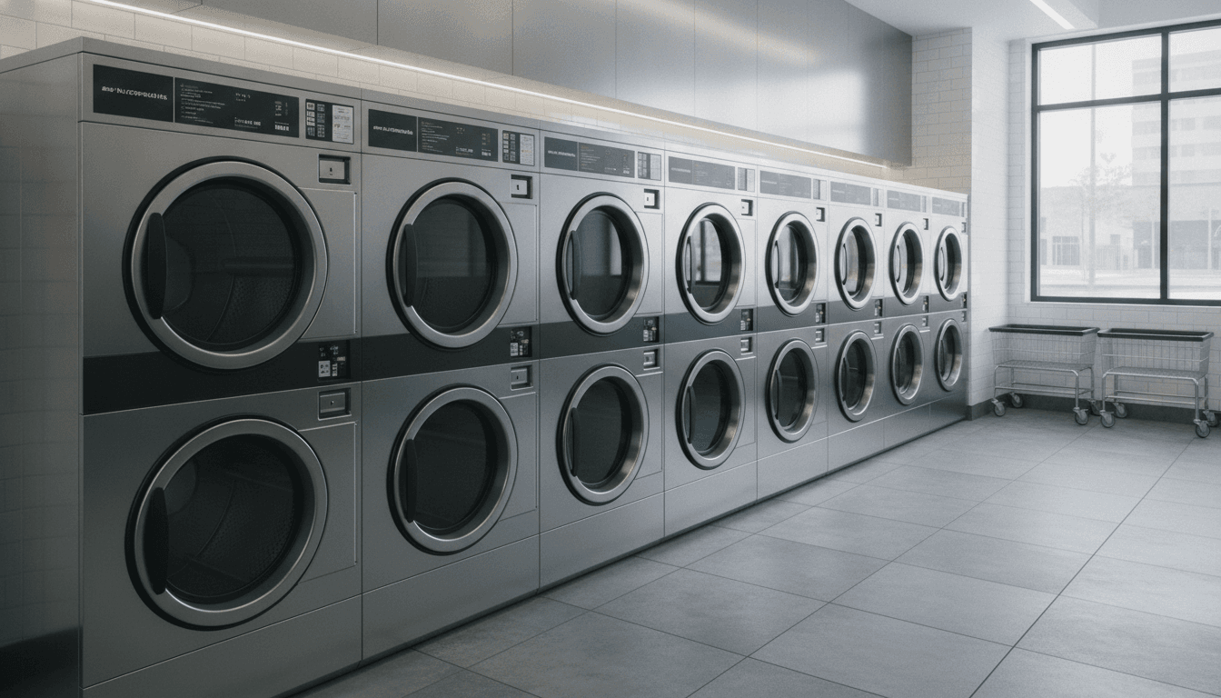 New front-load commercial washers installed in a laundromat