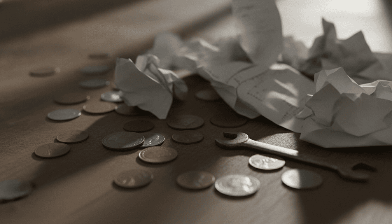 A laundromat owner reviewing costs and bills at a counter