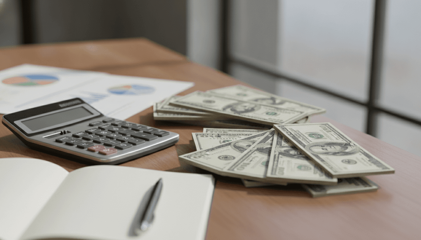 Cash and a calculator representing the money needed to buy a laundromat