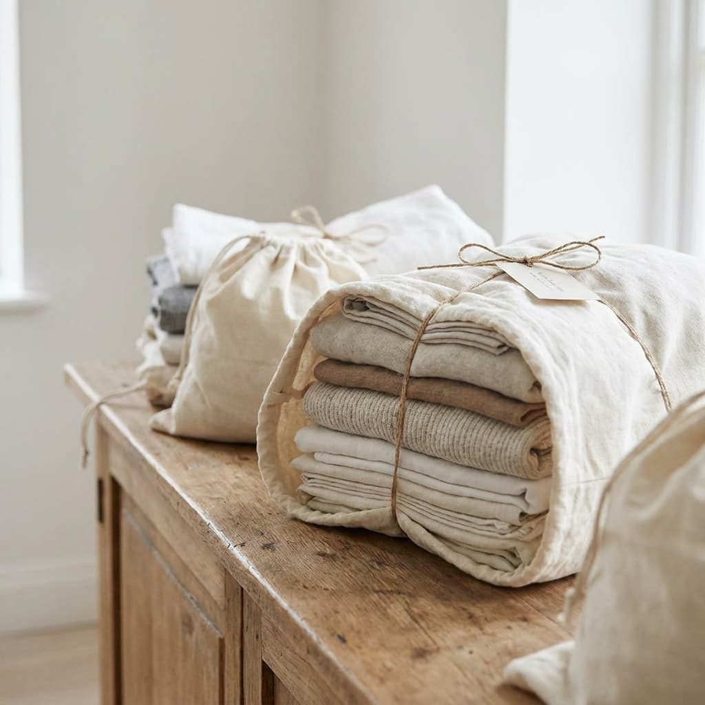 Folded laundry in cloth bags ready for delivery