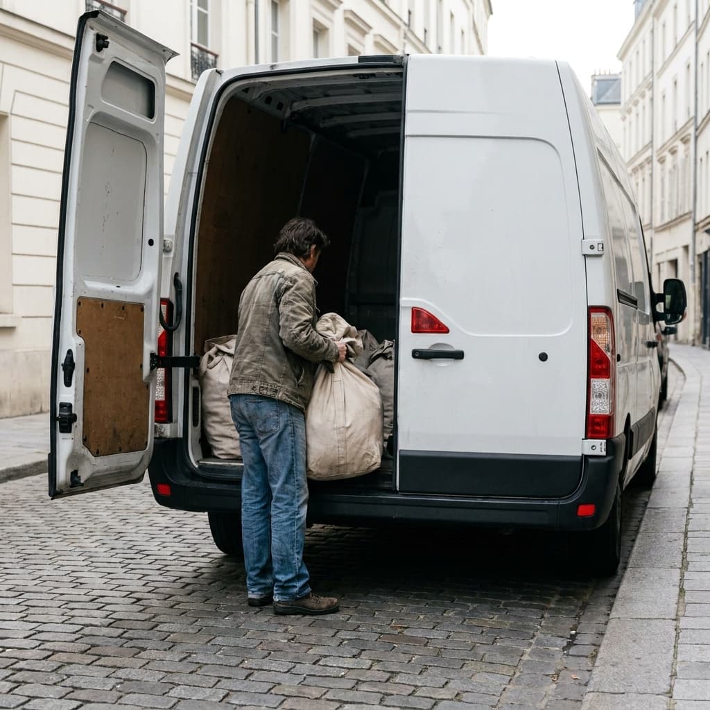 Loading laundry bags into a delivery van