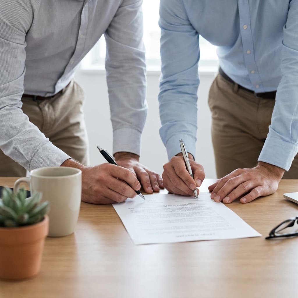 Two people signing a commercial lease