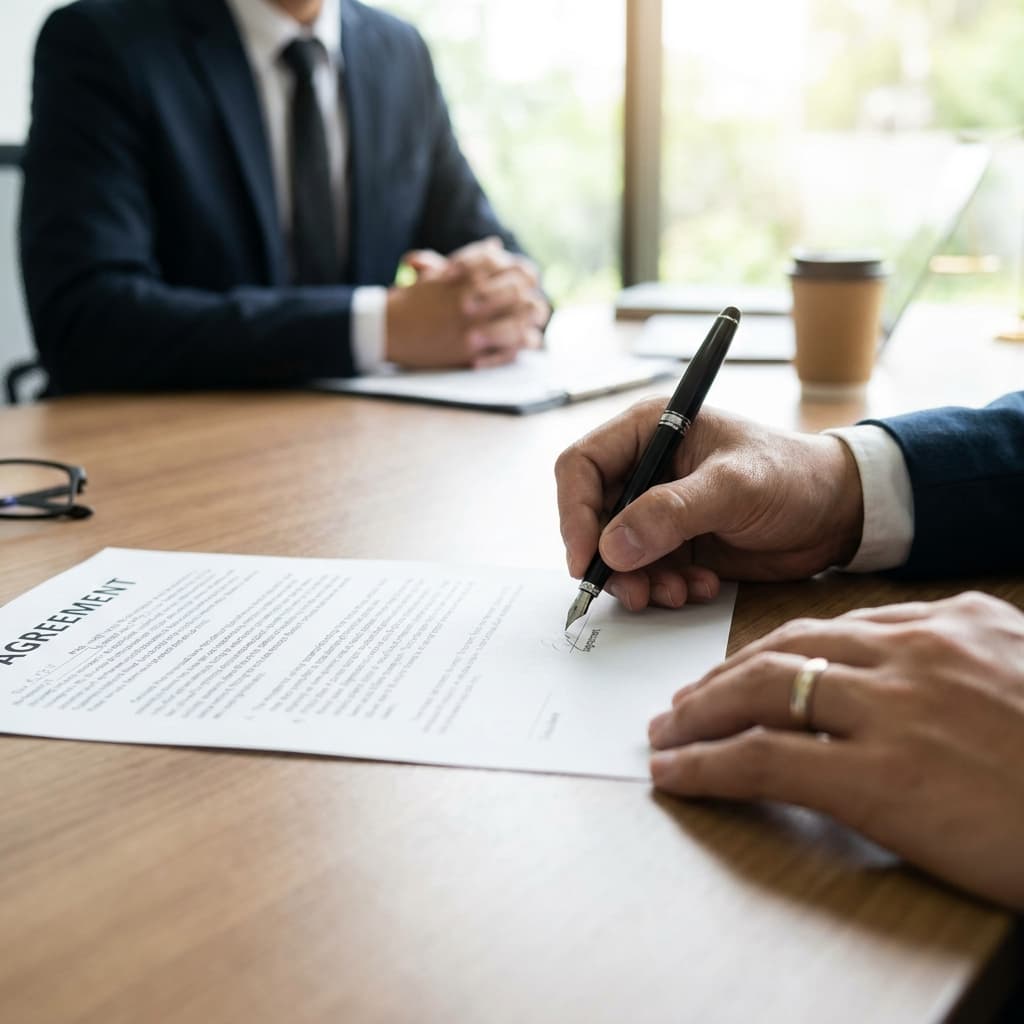 Signing a printed document at a desk