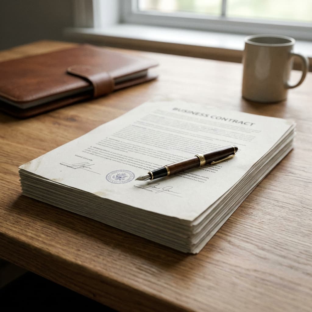 A printed business contract with a pen on top