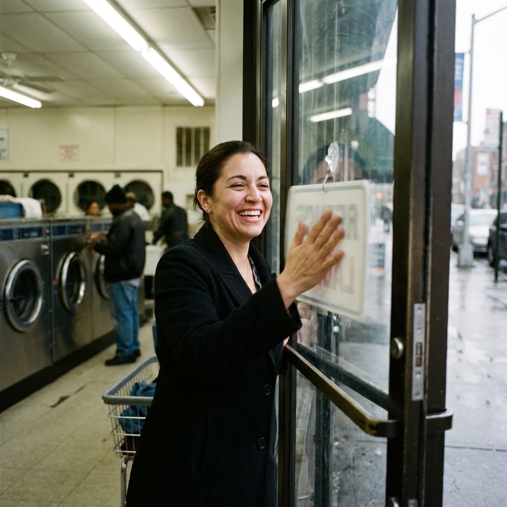 Owner flipping the open sign at a laundromat