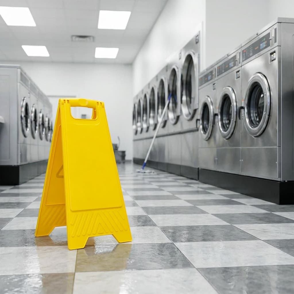 Wet floor caution sign in front of commercial washers in a laundromat