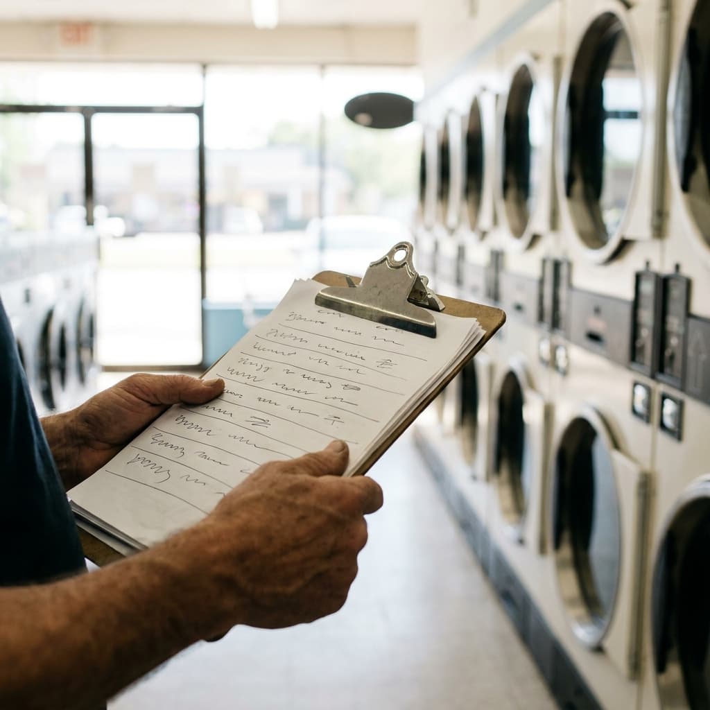Hands holding a clipboard while reviewing a laundromat