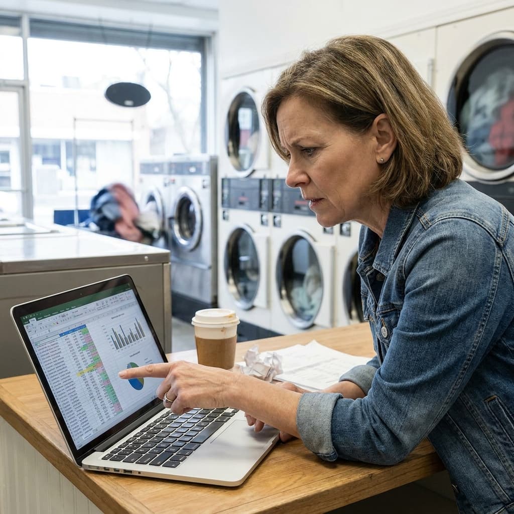 Owner reviewing financials on a laptop in a laundromat