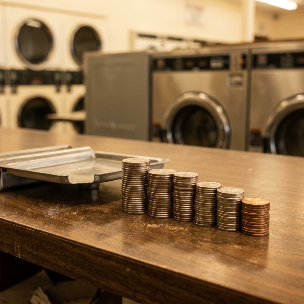 Quarters sorted into stacks beside a coin tray