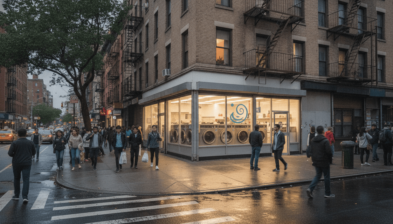 Exterior of a neighborhood laundromat with street parking