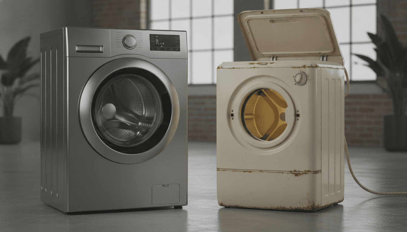 Row of new front-load commercial washers in a laundromat