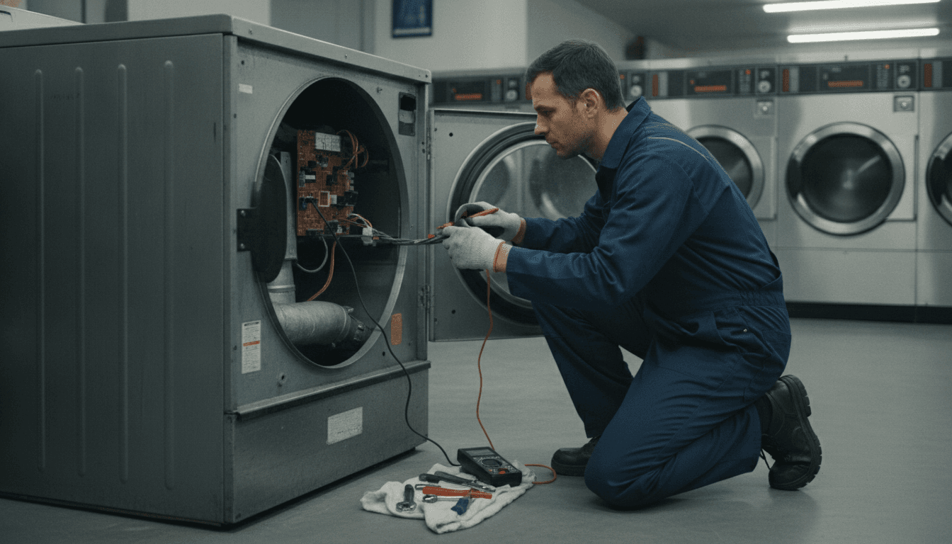 Older top-load washers and dryers in a used laundromat