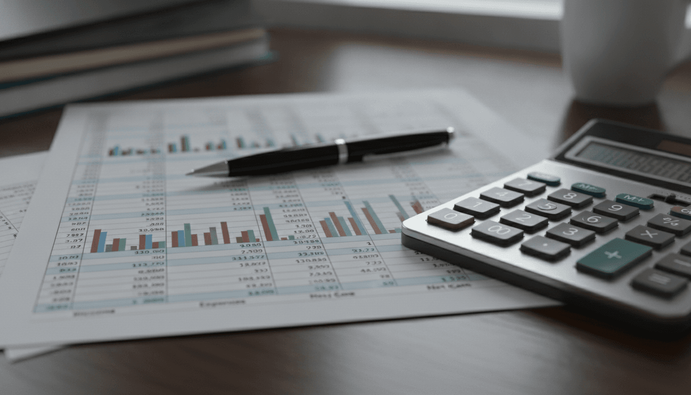 A laundromat profit and loss statement on a desk with a calculator
