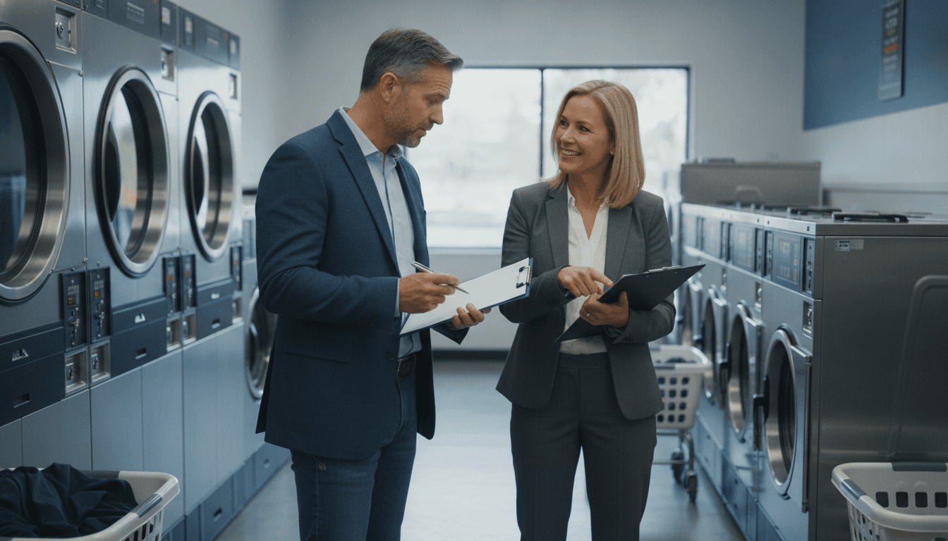 Buyer reviewing laundromat financial documents
