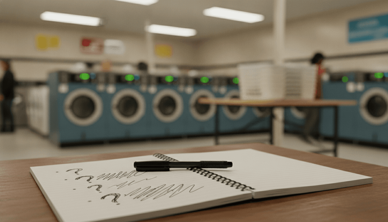 Coin laundromat interior with rows of washers and dryers