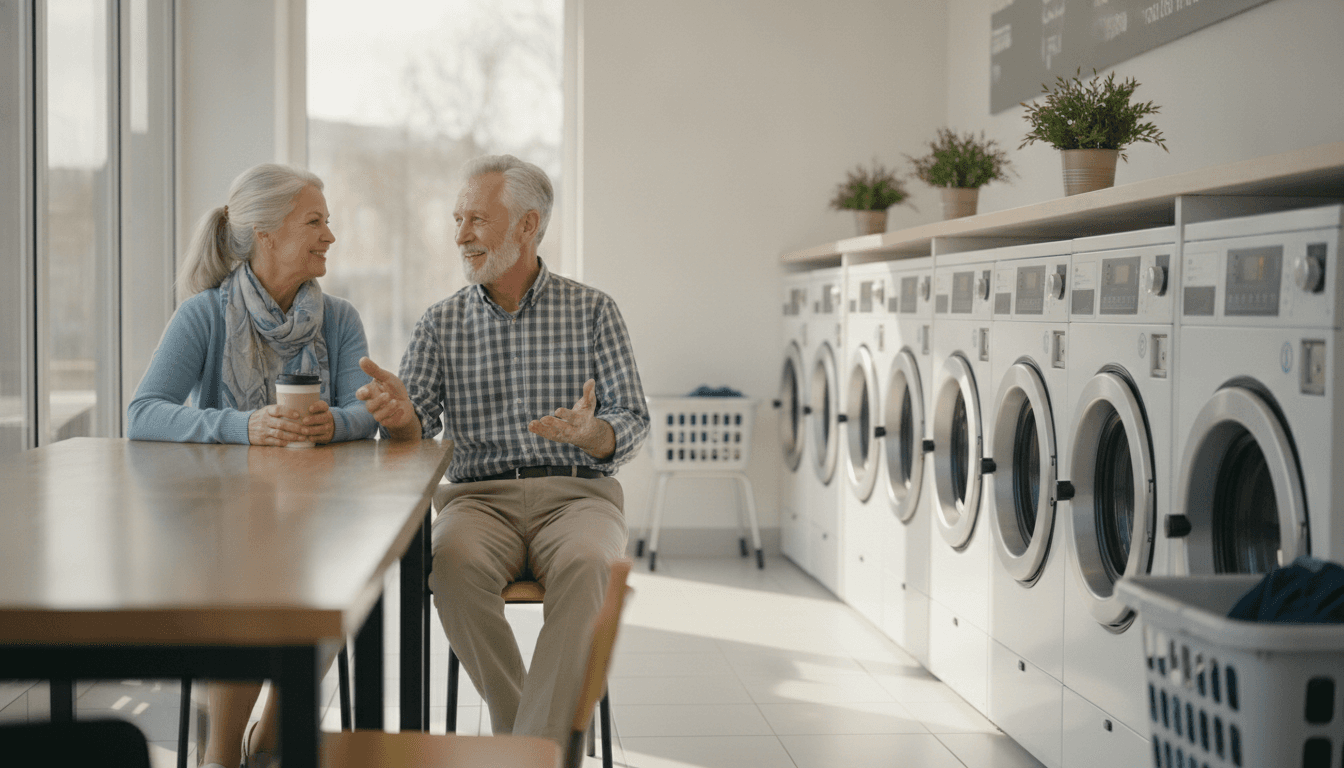 A relaxed laundromat owner reviewing the business in semi-retirement