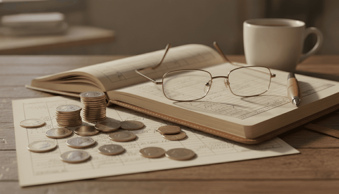 Coins, a ledger, and a calculator representing laundromat retirement income