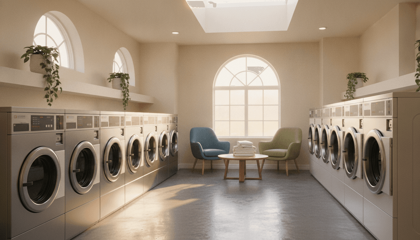 Laundromat owner preparing financial records for sale
