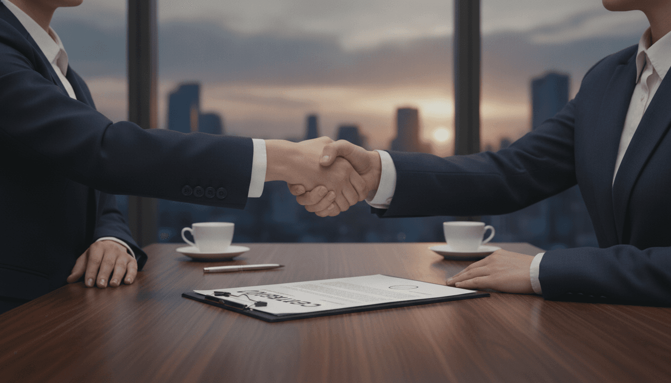 A laundromat owner and buyer reviewing a seller-financing agreement