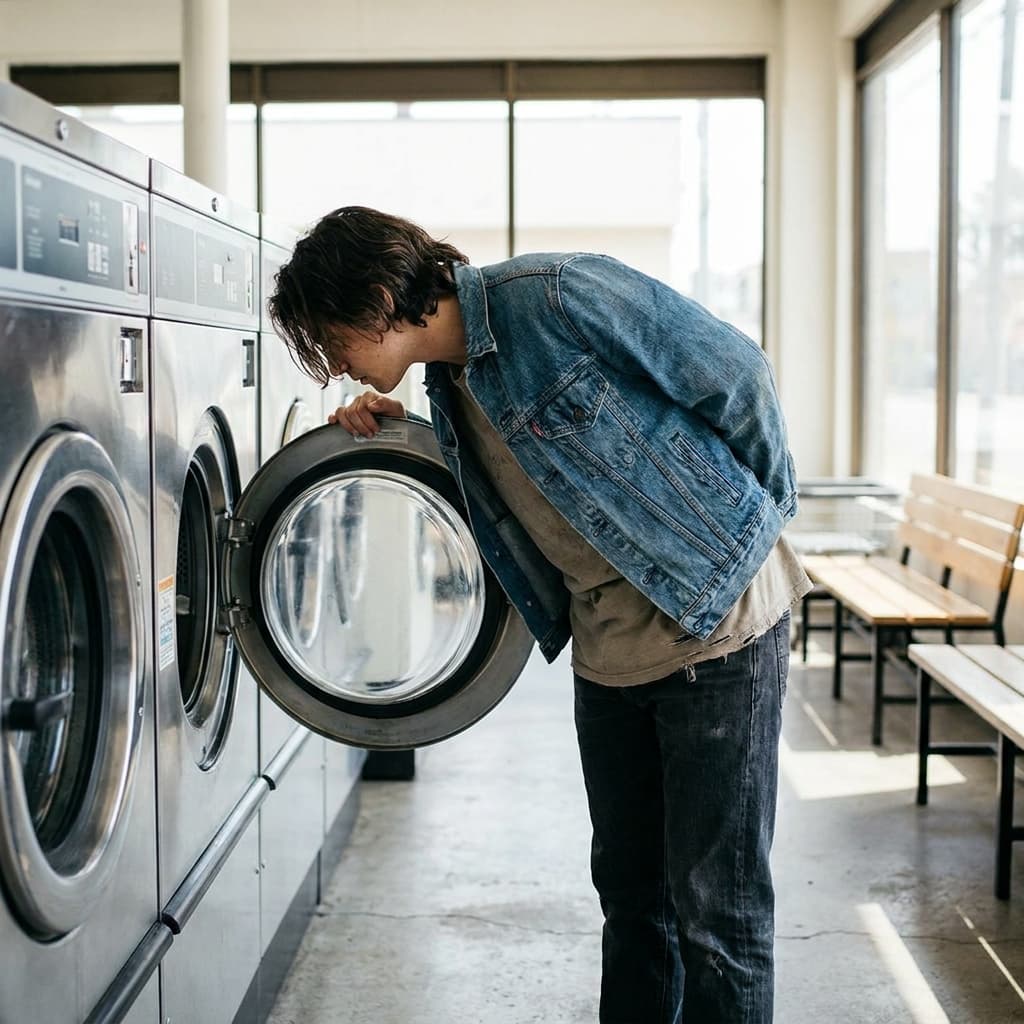 Owner inspecting a commercial front-load washer