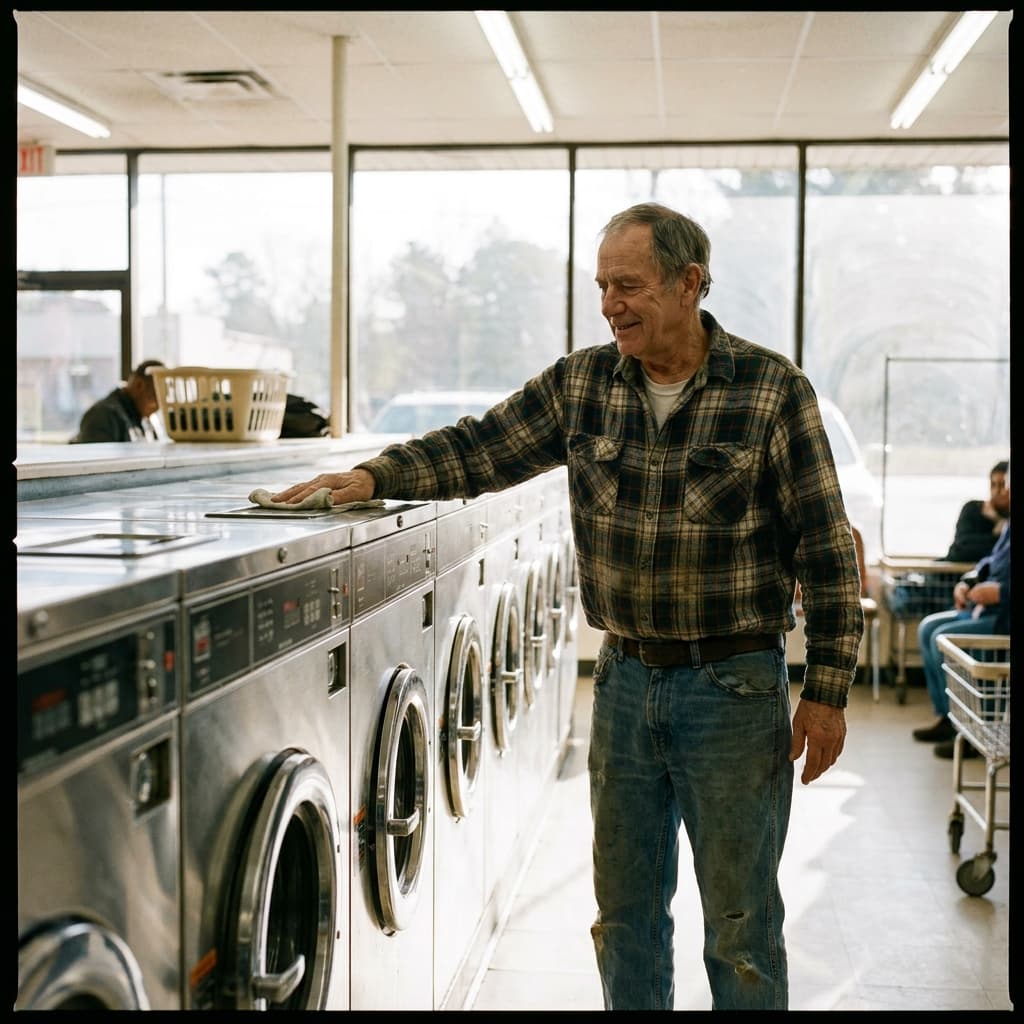 Owner wiping down a row of front-load washers