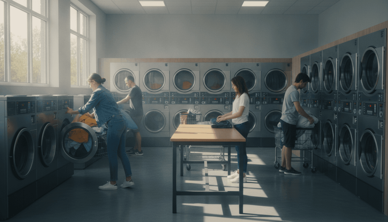 A laundromat attendant folding clean laundry at a wash-dry-fold counter