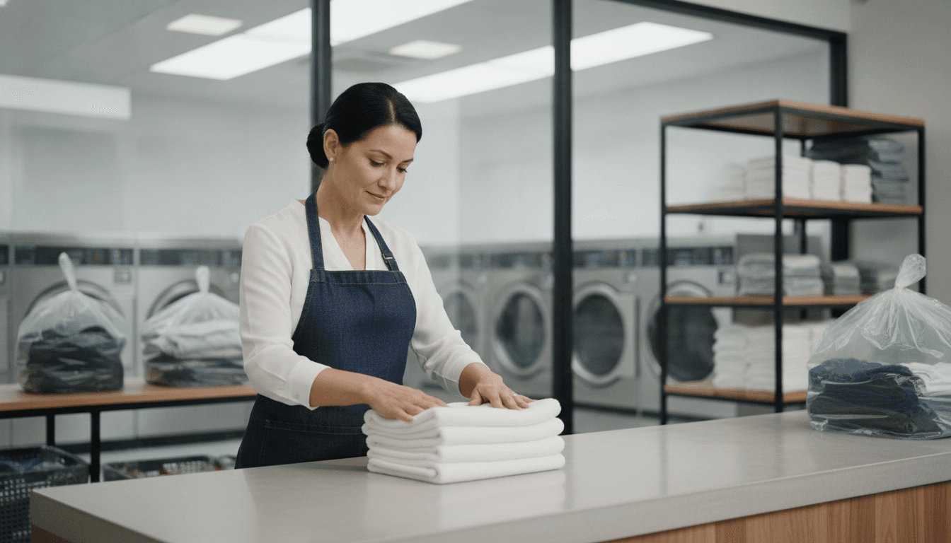 Rows of large-capacity washers used for wash-dry-fold processing