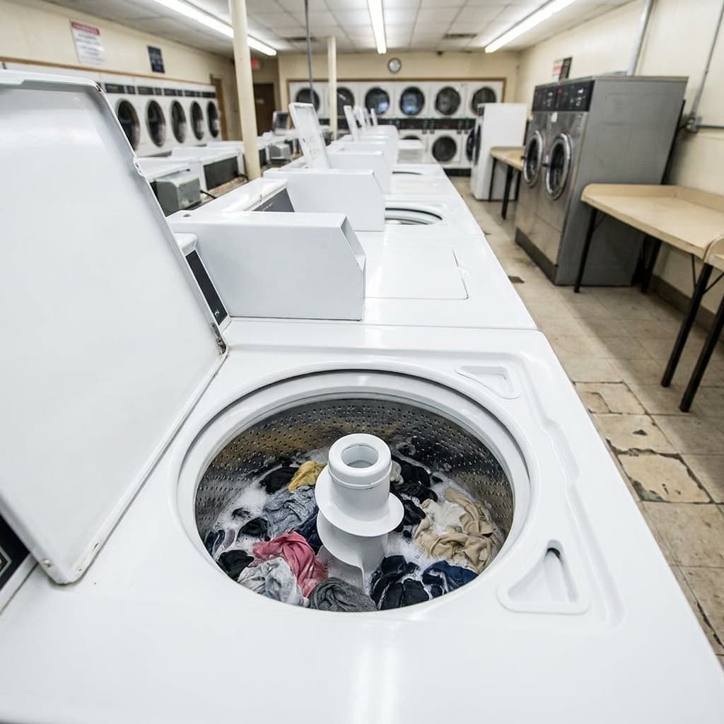 Top-load washer seen from above with the lid open