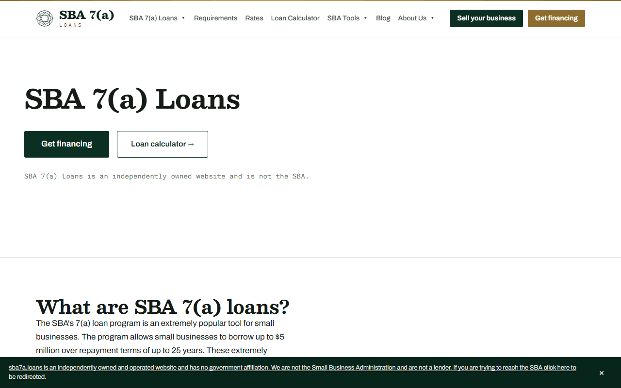 Screenshot of the SBA7a.loans website